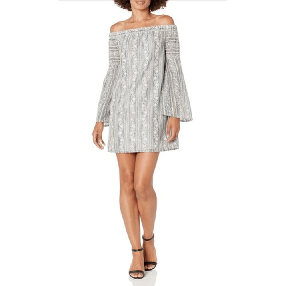BCBGeneration Off Shoulder Mini Dress Womens M Grey White Boho Lace Bell Sleeve